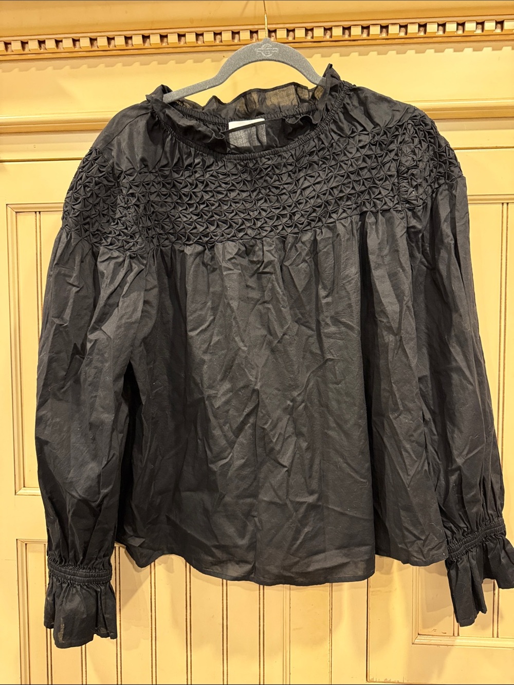 Black Smocked Yoke Long Sleeve Blouse - Women